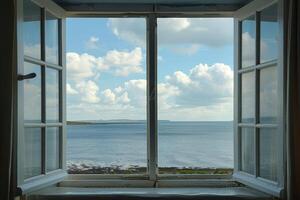 Serene ocean view from open window overlooking cloudy sky and tranquil beach photo