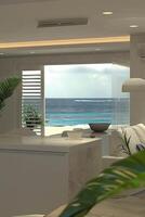 Luxury beachfront living room with ocean view and elegant interior design photo
