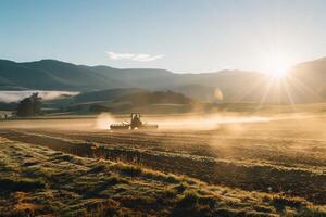Tractor plowing field at sunrise in scenic mountain valley landscape photo