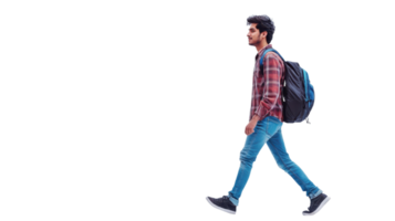 Young man walking confidently with a backpack in casual attire on a plain background during daylight hours png