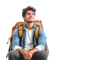 Young traveler with a backpack sits thoughtfully, contemplating adventures while smiling in a bright, minimal setting png