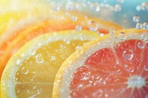 Close up of vibrant citrus slices submerged in water glistening with droplets creating a refreshing scene photo