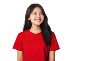 Smiling young woman wearing a red shirt, standing against a plain background, exuding confidence and joy png