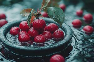 Cherries gather in a bowl of dark water with leaves a quiet and dreamy scene moody and full of moisture photo