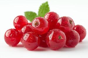A pile of ripe red berries glistening with droplets of water garnished with a vibrant green leaf photo