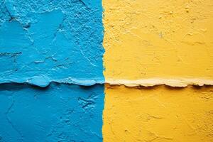 Abstract textured wall art featuring a striking division of blue and yellow creating visual contrast photo