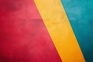Abstract red yellow and blue painted wall with diagonal lines on a textured surface Bright art photo