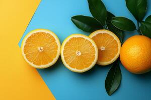 Vibrant arrangement of sliced and whole citrus fruit complemented by lush green leaves set against a two toned backdrop photo