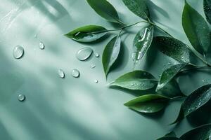 Fresh green leaves with water droplets on a textured surface evoking a sense of nature and rejuvenation photo