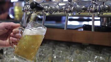 A skilled bartender fills a frosty glass with golden lager, showcasing the rich foam cascading over the rim. This vibrant scene captures the essence of nightlife, where every pour brings joy and refreshment to eager patrons video