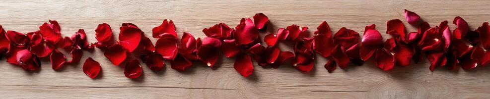 Single layer of red rose petals spread across wooden surface for romantic design photo