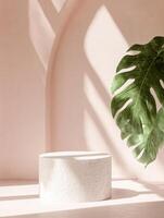 Minimalist white stone stand with tropical leaf on pastel background for modern decor photo