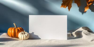 Blank white postcard mockup with textured background for autumn design inspiration photo