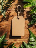 Ultra realistic wooden board with blank craft tag for design photo