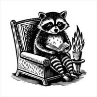 Raccoon on sofa with woman reading book vector