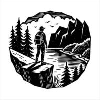 Hiker standing on a cliff edge vector