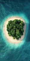 Aerial view of tropical island with lush greenery and white sand beach for paradise escape design photo