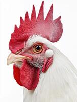 Close up of cute rooster with big eyes and fluffy feathers for animal lovers and farm decor photo