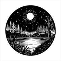 Lake Under Night Sky With Full Moon vector