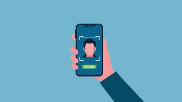 animation face scanning on mobile phone.animated Face Recognition in Action,Businessman Hand Holding Phone .animated Face ID Scanning To Unlock and Advanced Security video