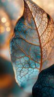 A close up of a leaf with blue and gold details photo
