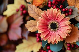 A bouquet of flowers with leaves and berries photo