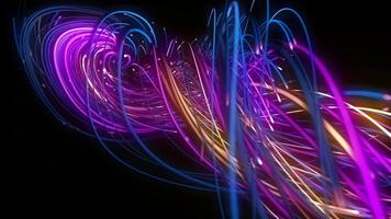 Vibrant and energetic abstract background with dynamic swirling strings of neon light in shades of pink, blue, and gold on a dark backdrop. Futuristic energy beams concept. video