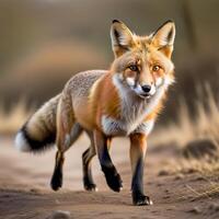 A red fox walking on a dirt road photo
