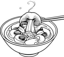 Steaming Mushroom Noodle Soup with Chopsticks in a White Bowl Line Art Illustration vector