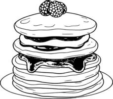 Stack Of Fluffy Pancakes Topped With Berries And Colorful Syrups On A White Plate vector