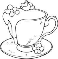 Overflowing Cup Of Golden Liquid With Flowers And Cream On A Decorative Plate Illustration vector