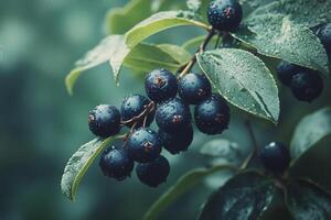 A close up of some black berries on a tree photo