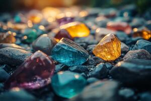 Colorful stones on the ground with sunlight shining through photo