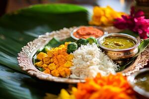 A traditional South Indian Thali consisting of aromatic rice complemented by delicious curry photo