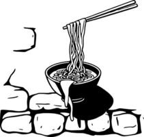 Monochrome Illustration Of Noodles In Bowl With Chopsticks On Stone Wall Background vector