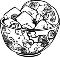 Red Bowl With Abstract Decorations Filled With Cubed Food Items Isolated On vector