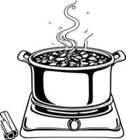 Steaming Pot Of Stew On Electric Cooktop With Cinnamon Sticks Black And White Illustration vector