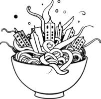 Colorful Noodles in Bowl Topped With Cityscape Buildings and Swirls on vector