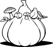 Whimsical Pumpkin Topped With Mushrooms Small Bird And Tiny Flower In Black And White Outline D vector