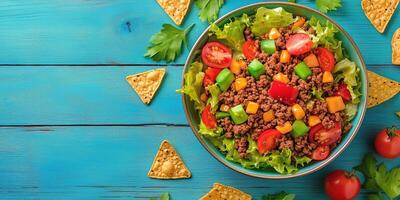 Mexican salad with beef, tomatoes, lettuce and cheese on a blue wooden table top view photo