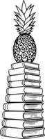 Pineapple Topped Stack Of Books Black And White Illustration Isolated On vector