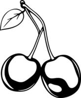 A Pair Of Ripe Cherries With Stem And Leaf Black Ink Drawing vector