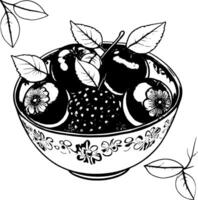 Bowl Of Purple Apples And A Red Raspberry With Green Leaves On A Illustration vector