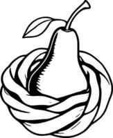 Elegant Pear Resting in a Woven Nest Black and White Line Art Illustration Isolated on White vector