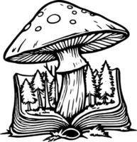Enchanted Mushroom Forest Emerging From An Open Book With Detailed Line Art On vector