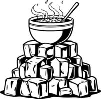 Steaming Bowl Of Food On Ice Cube Stack Black And White Illustration Line Art Minimalist vector