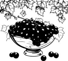 Purple Grapes Overflowing from Wooden Bowl with Grapevine Leaves and a Sun in the Background vector