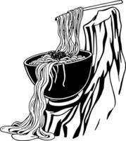 Overflowing Bowl Of Delicious Spaghetti With Meatball And Chopsticks On A vector