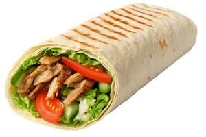 A wrap with chicken, lettuce and tomatoes photo