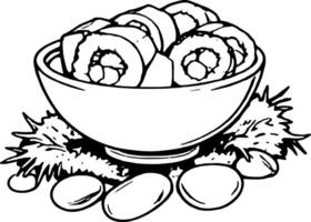 Delicious Sushi Rolls Served In White Bowl With Green Garnish And Stones On vector